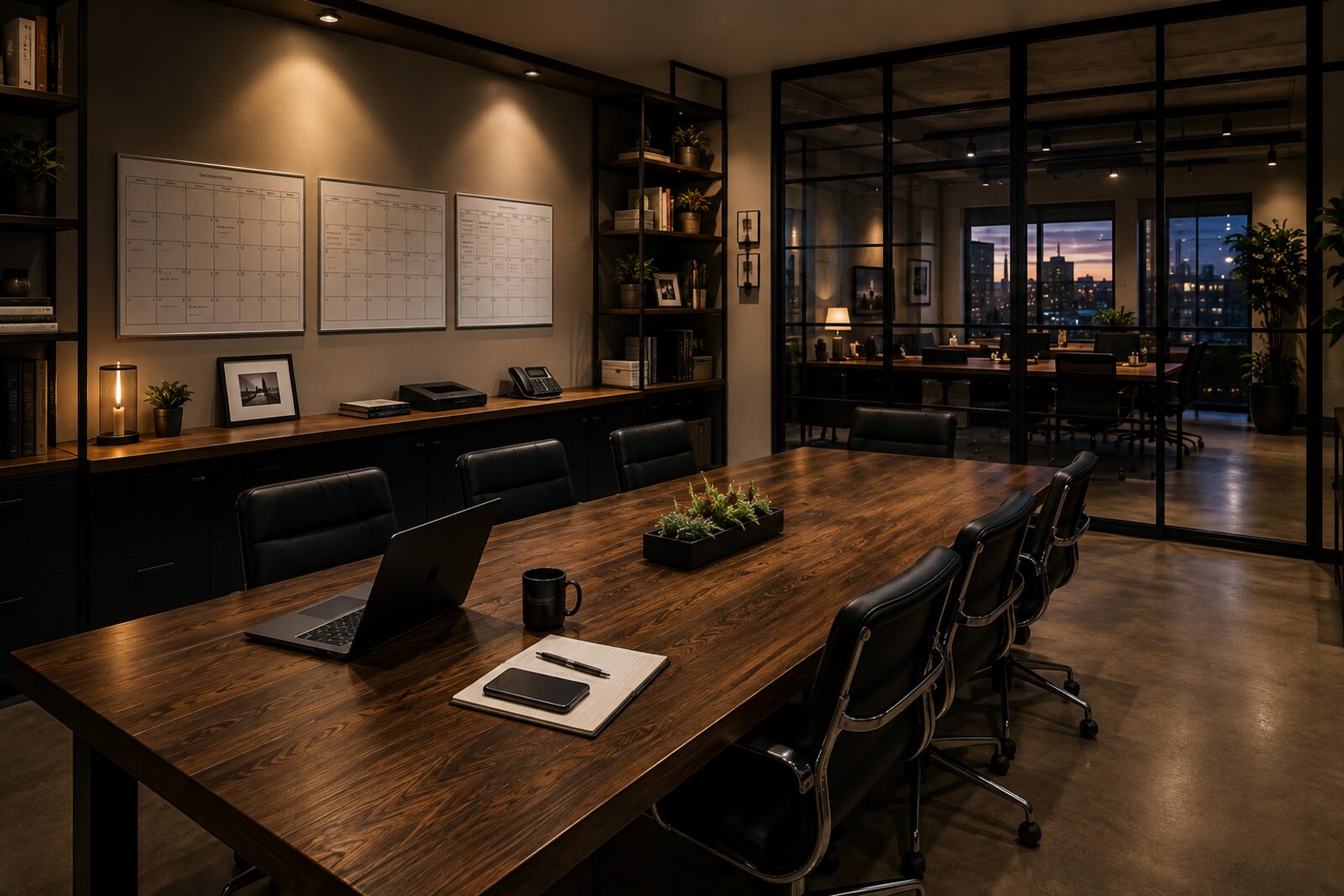 A production office conference room set up for planning, warmly lit at dusk with a city skyline visible through the glass wall.