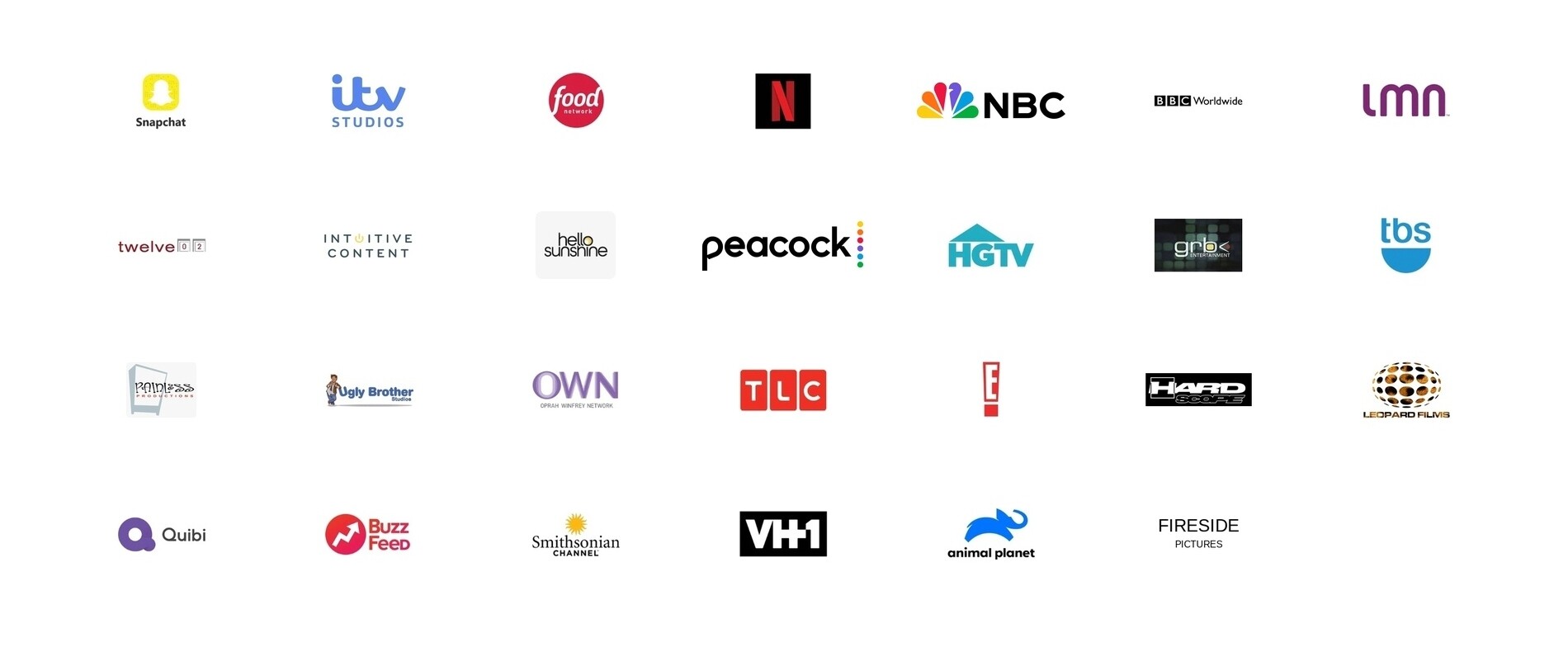 Logos of networks and production companies Top Sheet Productions has worked with, including Netflix, NBC, BBC Worldwide, Hello Sunshine, Peacock, HGTV, OWN, VH1 and others.